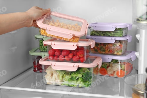 Preview: Woman taking box with corn kernels from refrigerator, closeup