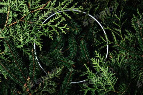 Preview: Christmas mockup with pine branches and a metallic ring on a dark background creating a festive