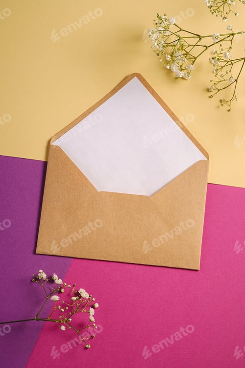 Preview: Kraft brown paper envelope with white empty card, gypsophila flowers