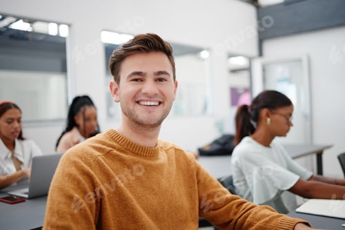 Preview: Lecture, learning and student in class portrait happy with university education, knowledge or schol