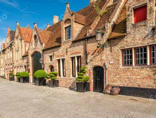 Quaint European Brick Buildings With Red Tile Roofs