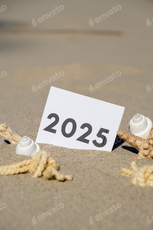 Preview: 2025 text start new year symbol on paper greeting card on background of starfish summer vacation
