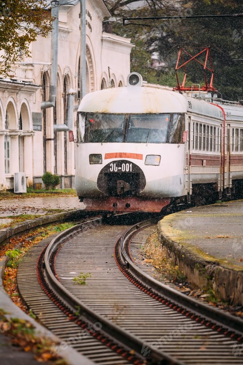 Preview: Borjomi, Samtskhe-Javakheti, Georgia. Suburban Electric Train Near Borjomi Railway Station In Autumn