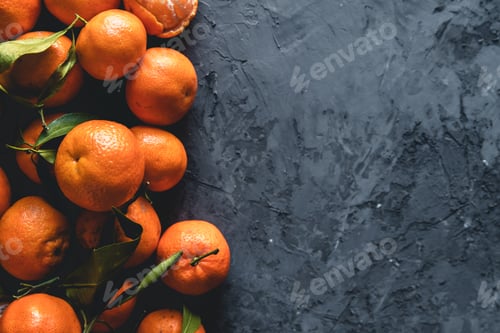 Preview: Juicy ripe tangerines with leaves on wooden table