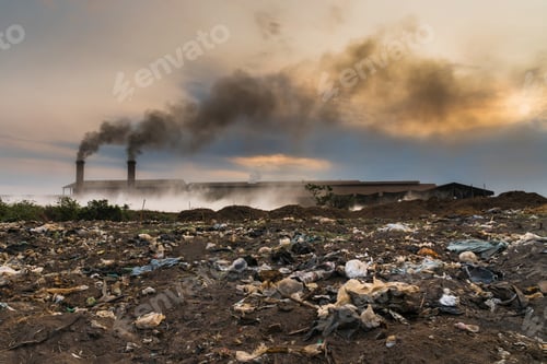 Preview: Garbage in front of Smokestack Factory, industry and pollution concept