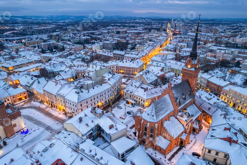 Preview: Tarnow skyline in winter. Aerial Drone view on old town and town square
