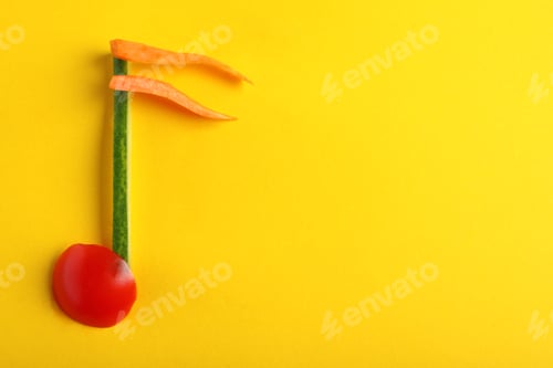Preview: Musical note made of vegetables on color background, top view. Space for text