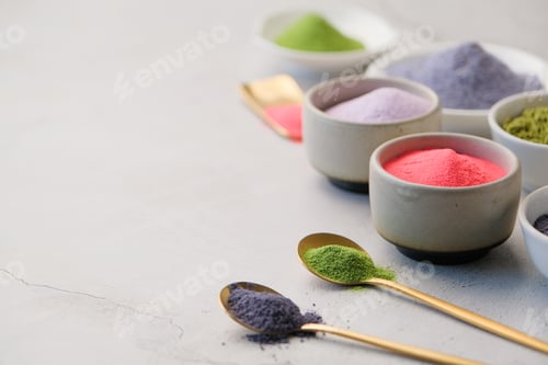 Preview: assortment of various powder matcha tea