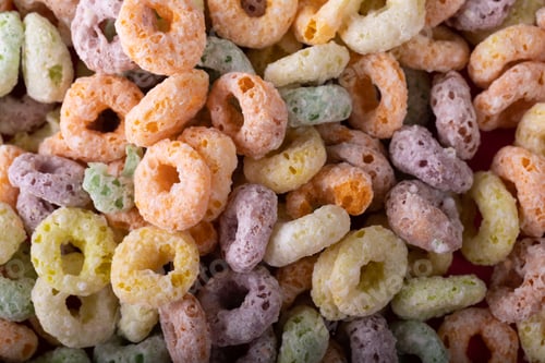 Preview: Full frame shot of colorful ring shaped breakfast cereal, copy space