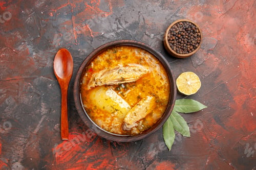 Preview: top view chicken soup wood spoon a bowl of black pepper bay leaves slice of lemon on dark red