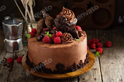 Visualização: Bolo de chocolate com cobertura de ganache e framboesa