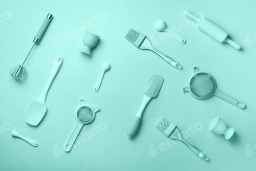 Preview: Pastel cooking utensils on trendy blue color background. Food ingredients. Cooking cakes and baking
