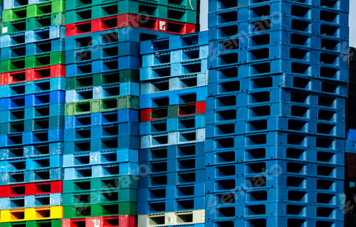 Preview: Pile of plastic shipping pallet. Industrial plastic pallet stacked at factory warehouse. Cargo