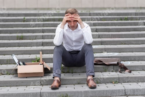 Preview: A fired office worker sits on the steps. The man does not know what to do next.