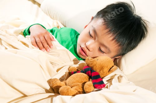 Preview: Portrait of a young boy sleeping in bed with teddy bear.