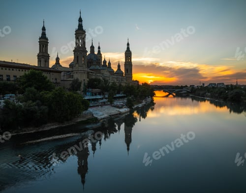 Preview: The Cathedral-Basilica of Our Lady of the Pillar at sunset. Zaragoza, Spain