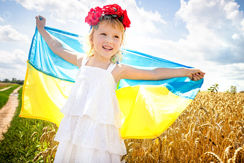 Preview: girl holding flag of Ukraine. Blue yellow flag of Ukraine with coat of arms in hands of child on
