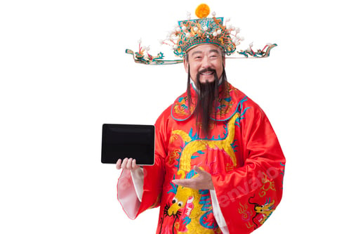 Preview: Chinese God of Wealth with digital tablet