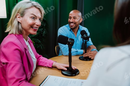Preview: Diverse people broadcasting live podcast interview using microphones