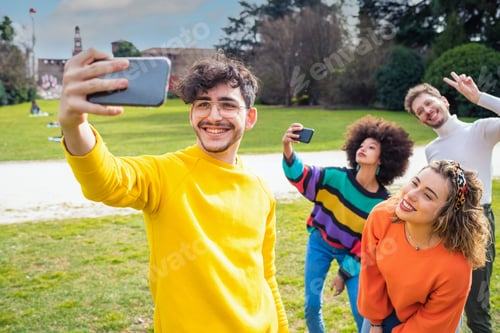 Preview: Group of diverse multiethnic friends outdoor taking selfie