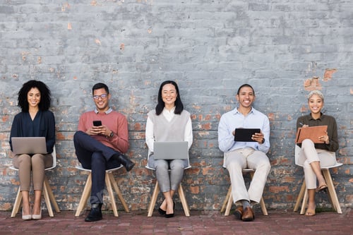 Preview: Diversity, Interview and relax business people line with technology for meeting, recruitment or com