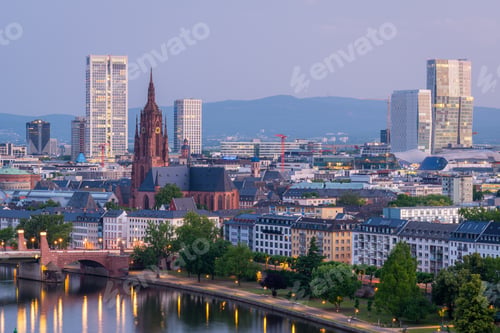 Preview: Frankfurt Cathedral and City at Morning Twilight. Aerial View. Hesse, Germany