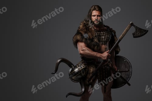 Preview: A fearless Viking warrior with a majestic beard adorned in fur and light armor