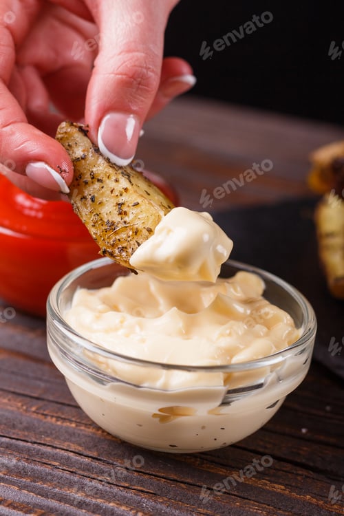 Preview: young woman dip fried potatoes to mayonnaise sauce
