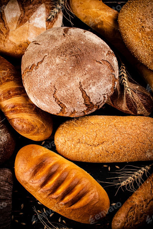 Preview: Different types of bread. Macro background.
