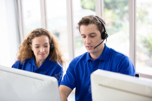 Preview: Hotline Support Service. Female call center operator in headset working with laptop