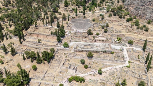 Preview: Aerial bird's eye view photo taken by drone of archaeological site of ancient Delphi.