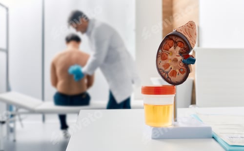Preview: Urology and treatment of kidney disease. Doctor doing kidney exam for male patient with kidney