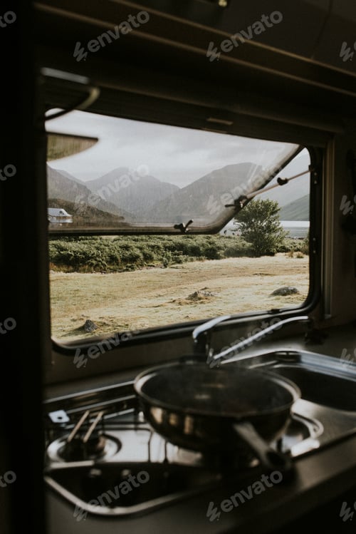 Preview: Open kitchen window in campervan, travel photography