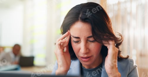 Preview: Business, laptop and woman with burnout, headache and overworked with pressure. Person, consultant