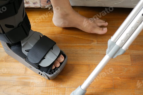 Preview: women broken feet with a grey plastic boot ankle brace injury protecting boot