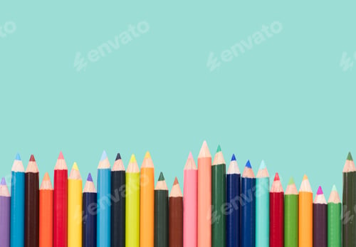 Preview: Colored pencils of various colors lined up on a teal background