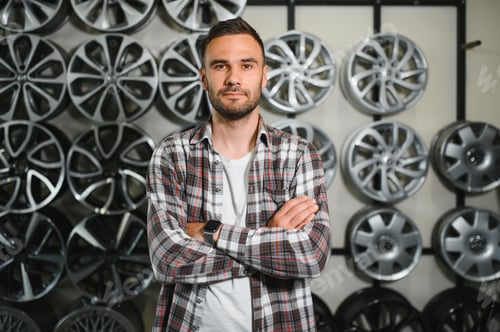 Preview: male customer choosing alloy wheel rims at car repair service or auto store