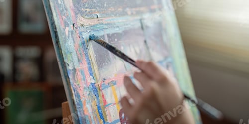 Preview: Artist Painting in Workshop. Close Up of Hand with Brush Creating Colorful Artwork on Canvas in