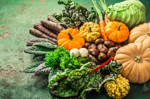 Preview: Organic raw autumn and winter vegetables on kitchen table with carrots, chesnuts, chard, kale