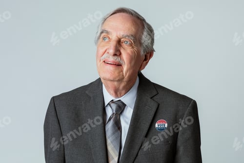 Preview: Happy businessman with a vote sticker on his suit jacket