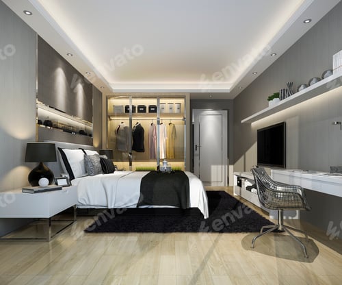 Preview: 3d rendering luxury modern bedroom suite tv with wardrobe and walk in closet