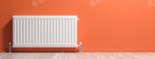 Preview: Radiator, wood floor, orange wall background, banner. 3d illustration