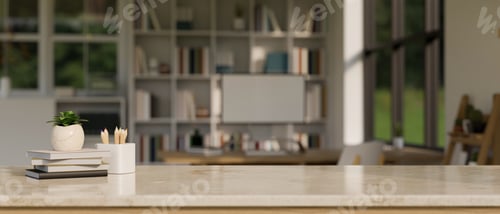 Preview: Natural marble tabletop with books, stationery, decor plant and copy space