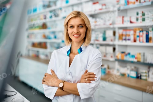 Preview: Portrait of confident female pharmacist looking at camera.