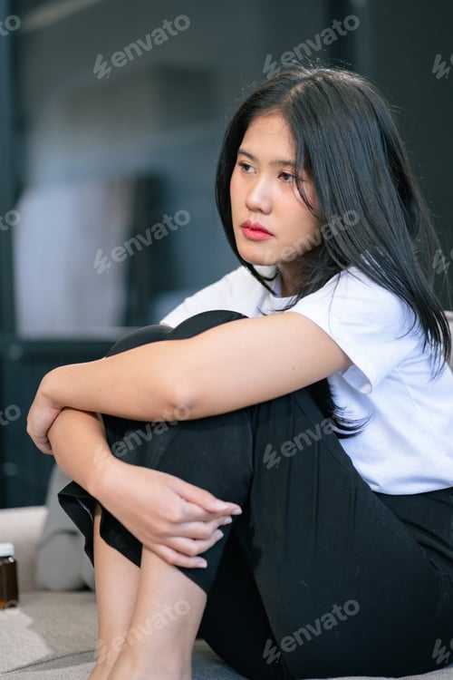 Preview: Woman feeling sick and headache, health care concept.