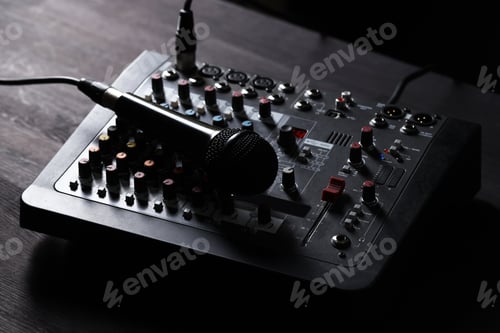 Preview: Professional mixing console with microphone on dark wooden table, closeup