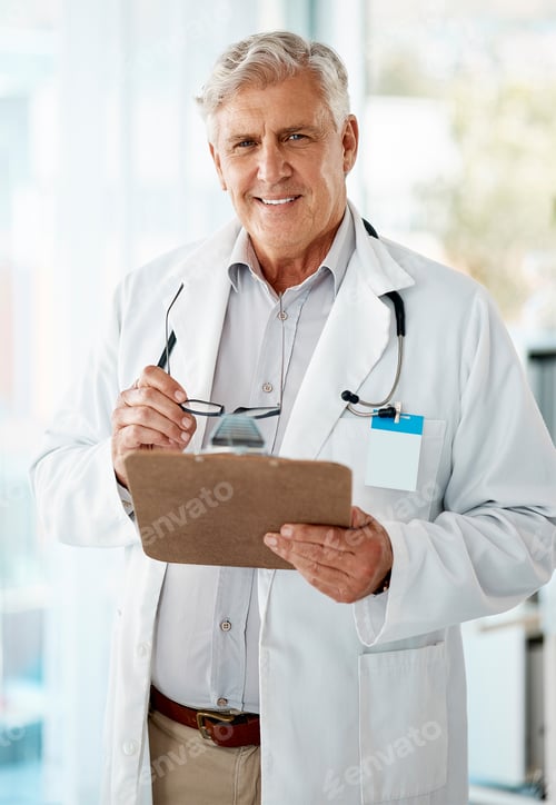 Preview: Confident mature male doctor reading patient records on clipboard in hospital or clinic. One happy