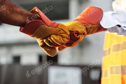 Preview: Two men engineers in workwear shaking hands against construction site