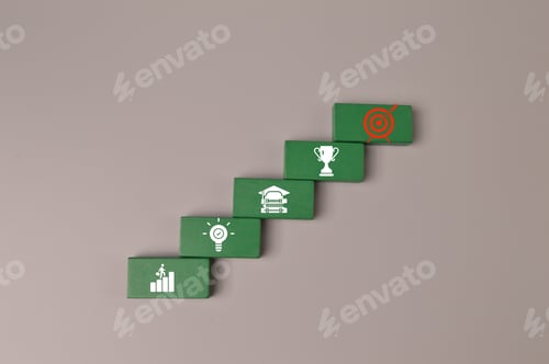 Preview: Green wooden blocks with success icons. Top view.