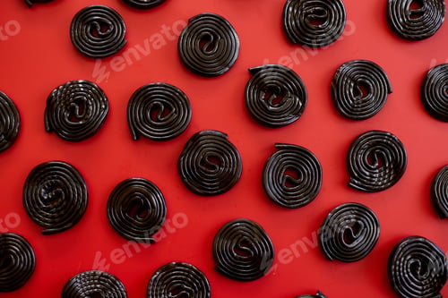 Preview: Flat lay tasty black liquorice candies on red background